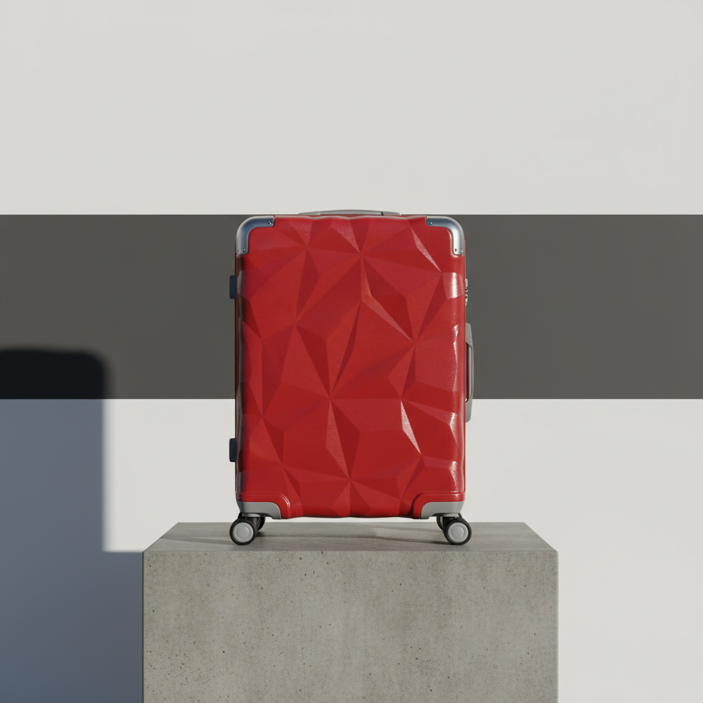 A vivid red, hard-shell travel suitcase with brushed metallic edging and a bold, geometric texture, standing upright on a minimalist concrete platform. The setting is a stark, minimalist background with a single horizontal stripe of deep charcoal grey, creating dramatic negative space. Intense directional lighting from the right side casts crisp, elongated shadows and creates sharp highlights along the suitcase edges, emphasizing its contours and energetic presence. The atmosphere is dynamic and bold, highlighting adventure and the thrill of travel. Composed at eye-level with a centered frame and sharp focus throughout, the image embodies photographic realism with a powerful, clean aesthetic. This image perfectly conveys the blog’s spirit of frontier exploration.
