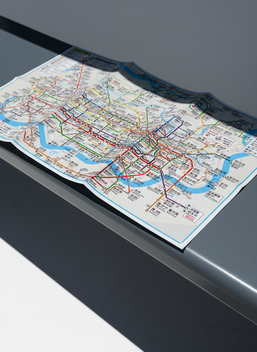 A vibrant, high-gloss Tokyo subway map rendered on a laminated, fold-out sheet, unfolded and positioned at a sharp angle atop a slate-gray steel bench. The background is completely unobtrusive—pure white with a thin, angular slice of the bench’s shadow. Hard directional lighting from the top right carves deep shadows between map creases and slices of vivid color, enhancing the map’s complexity and sense of endless possibility. Centered composition with slight perspective distortion alludes to movement and decision-making. The atmosphere feels energetic and charged, capturing the essence of bold urban exploration perfect for the travel blog’s audience.