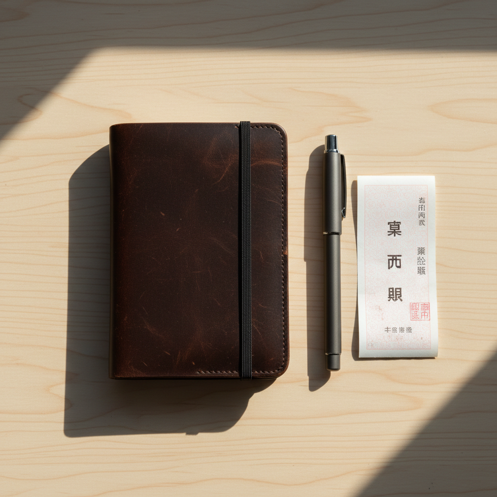A classic, compact travel journal with a rich, dark leather cover, subtle patina marks, and a durable elastic clasp resting flat on a smooth, pale birch wooden table. Nearby: a metallic, matte-finished pen and a single crisp Japanese train ticket, the overall arrangement minimalist and purposeful. Strong, angled sunlight from the upper left throws clean, dramatic shadows and illuminates the journal’s textures, inviting tactile curiosity. The environment is stripped of distractions, all attention on the tools of exploration. Photographed overhead with a rule-of-thirds composition, sharp focus, and slight bokeh toward the table edges, the image mood is purposeful, intimate, and daring, aligned with a bold, adventure-driven travel narrative.